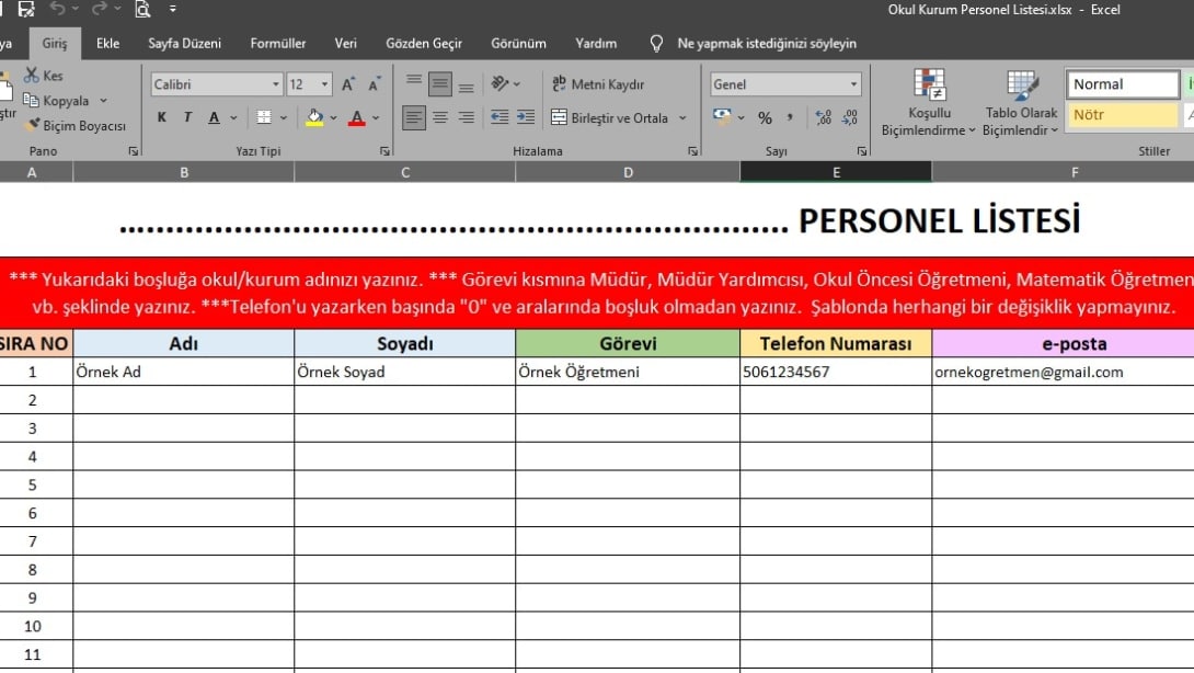 Personel Listesi İçin Excel Tablosu